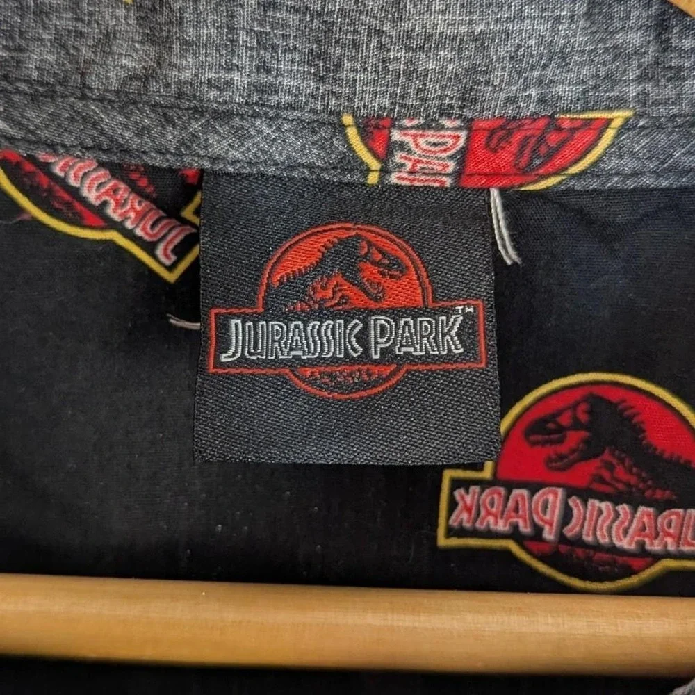 Jurassic Park All Over Logo Print Cotton Camp Shirt Gray XXL